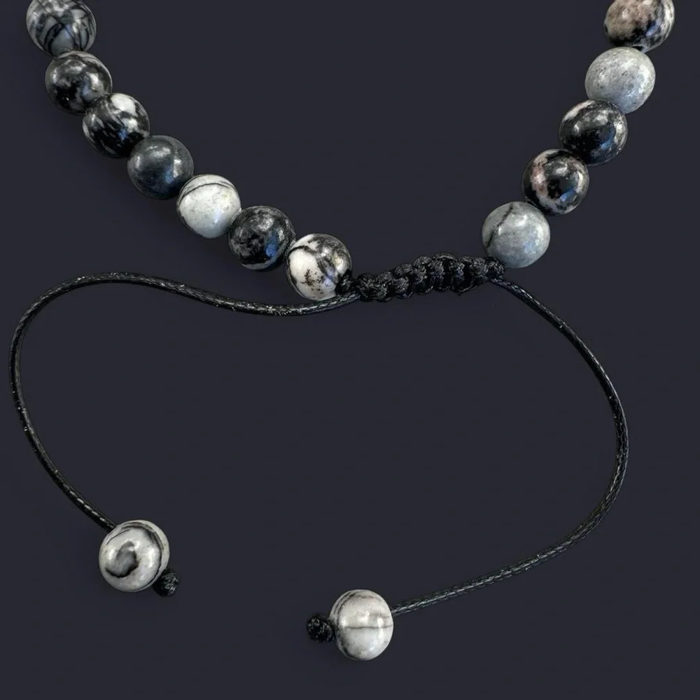 Black Picasso Jasper Adjustable Gemstone Bead Bracelet 6mm